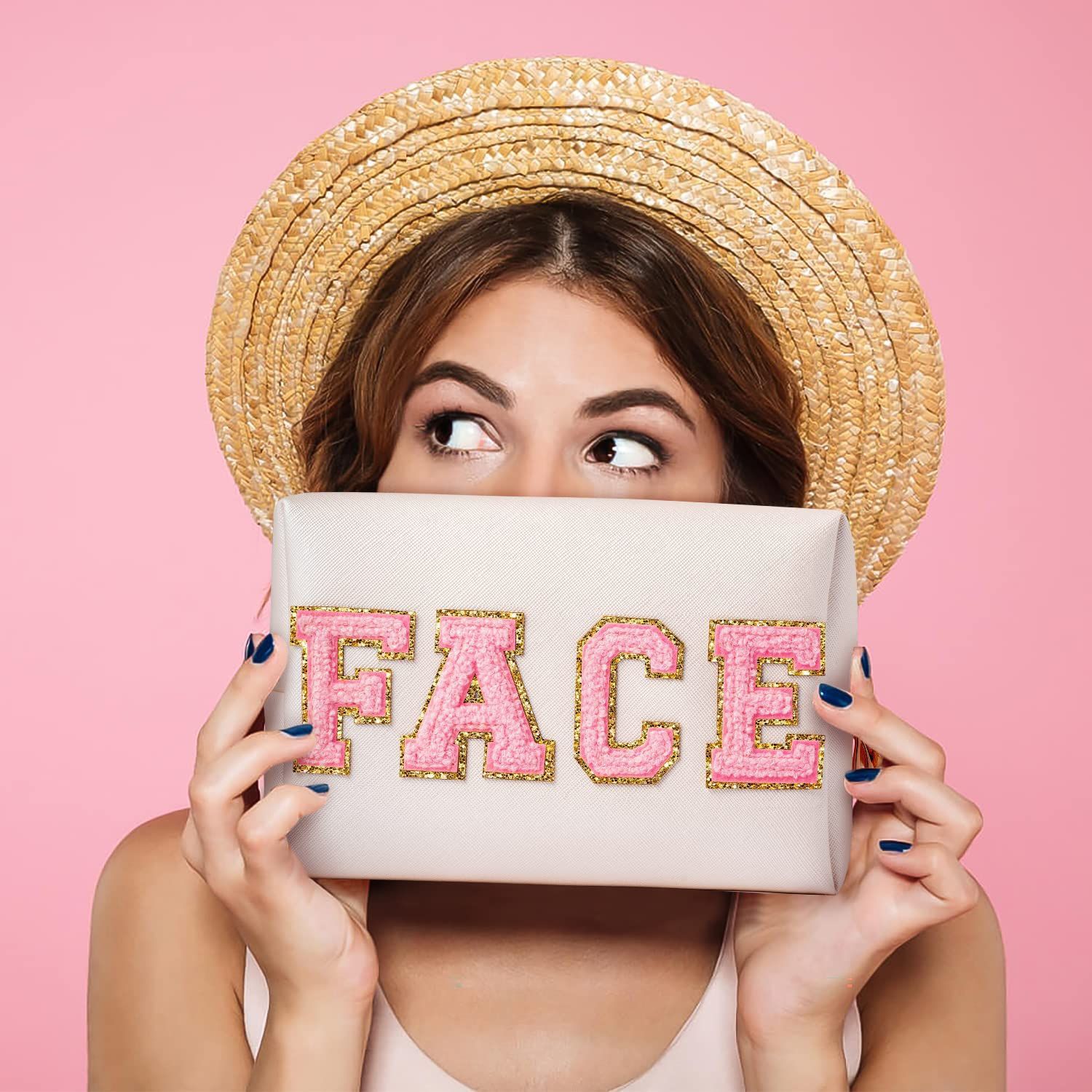 Amazon parche carta maquillaje bolsa con Rosa chenille letras PU cuero impermeable bolsa de cosméticos