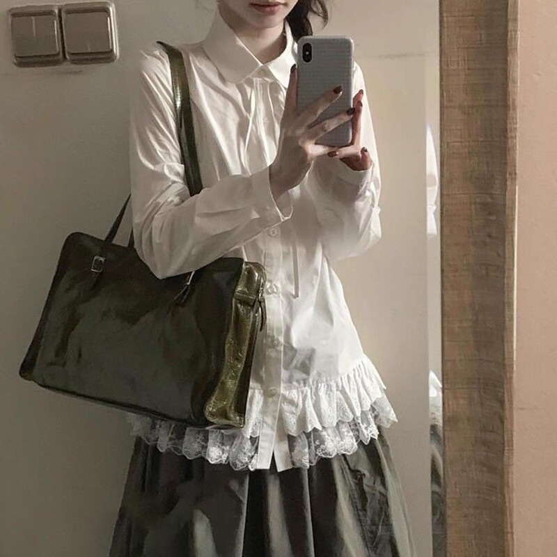 White Collared Shirt for Women, Spring Design with Lace Hem, Long Sleeves, Loose Fit, Sweet College Style Shirt