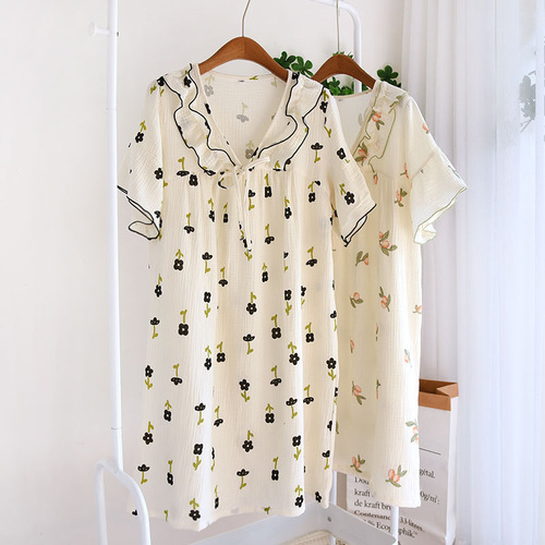 Pajamas for women summer  new pure cotton gauze short-sleeved pajamas summer thin dress can be worn outside home clothes