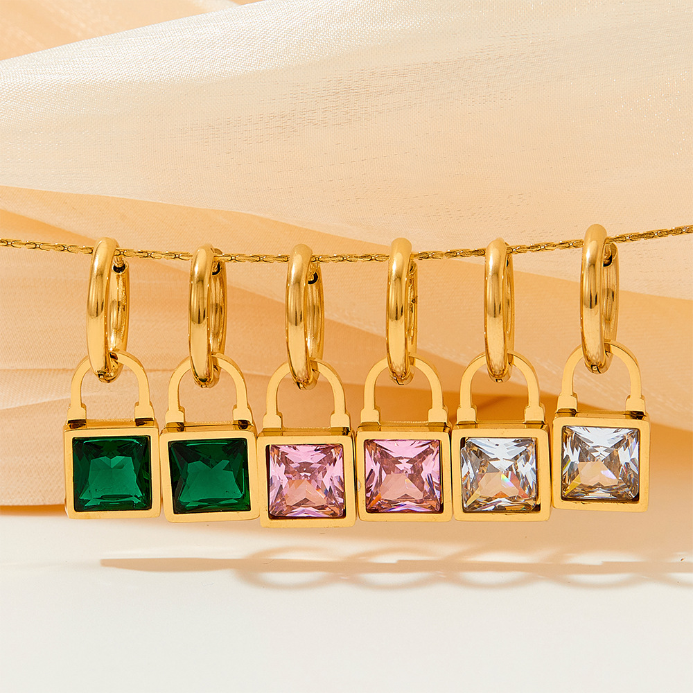 Retro Lock Stainless Steel Inlay Zircon Drop Earrings 1 Pair