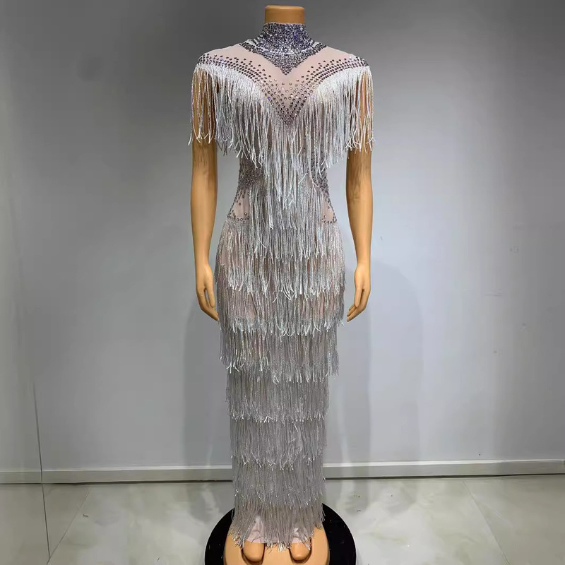 in stock Cross-border Sexy Perspective Mesh No Sleeve Long dress Shiny Rhinestone Tassel Party Night Club Evening Dress in stock Cross-border Sexy Perspective Mesh No Sleeve Long dress Shiny Rhinestone Tassel Party Night Club Evening Dress