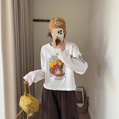 韩代公鸡家卡通短款长袖衫女秋季新款圆领宽松百搭休闲长袖上衣