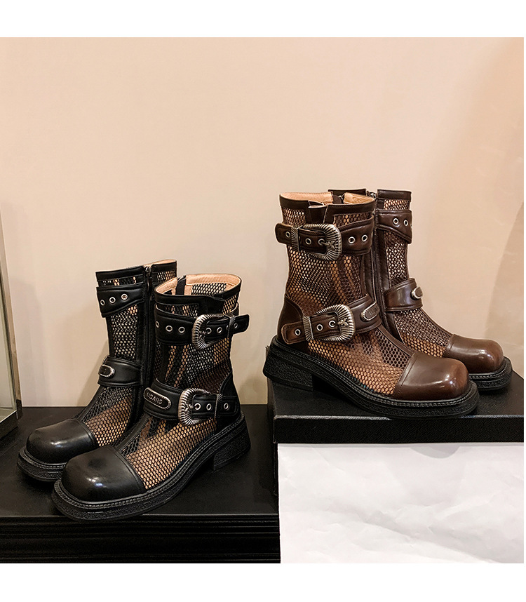 Boot nữ cổ thấp dây buộc phối khóa, đế dày platform lưới thoáng khí — màu nâu, màu đen chi tiết 27