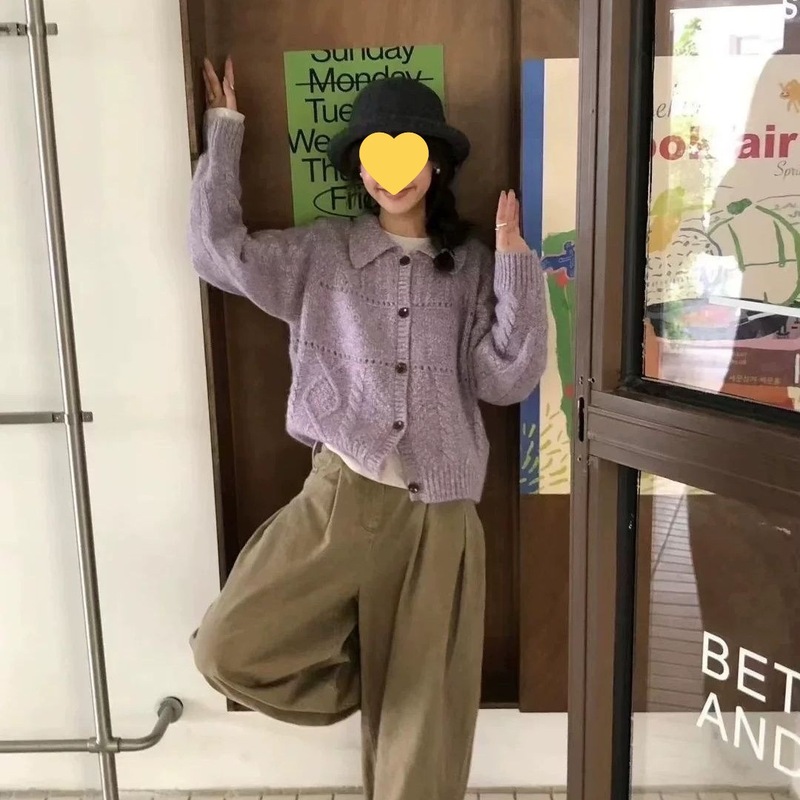 复古花线翻领针织开衫外套女秋冬季新款宽松百搭毛衣上衣厚蓝色|undefined