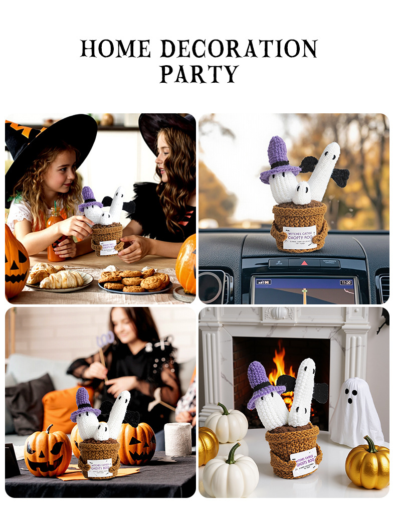 Halloween cross-border new funny expression dolls, positive energy woolen knitted ghost ornaments, potted plant card dolls pic 7
