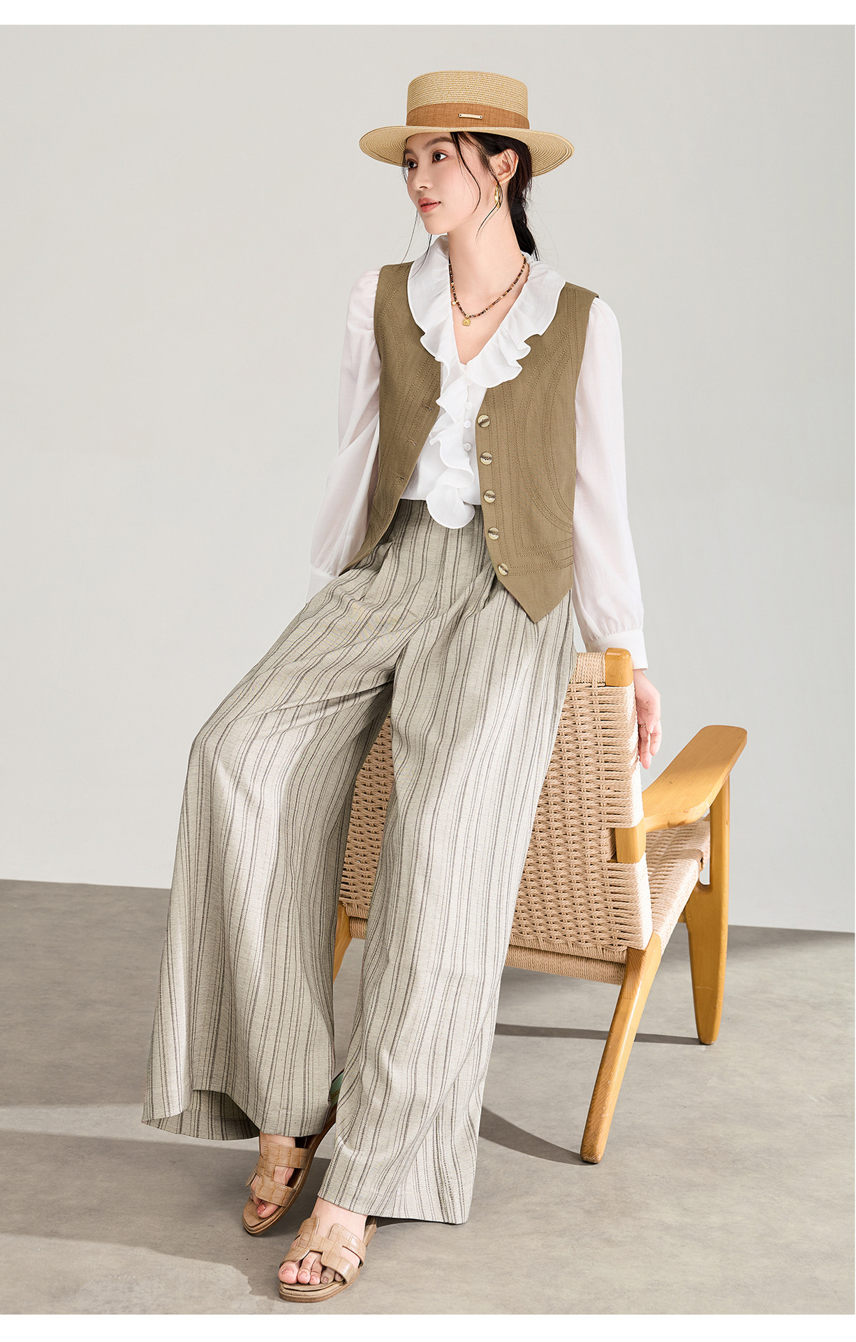 Quần culottes nữ ống rộng sọc kẻ dọc chất liệu tencel cao cấp phong cách công sở — màu kaki chi tiết 11