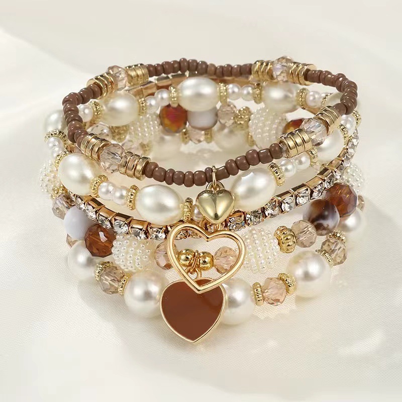 European and American Cross-Border Five-Piece Bracelet Set Pearl Bohemian Style Fashion Peach Heart Handmade Beaded Bracelet for Women Wholesale