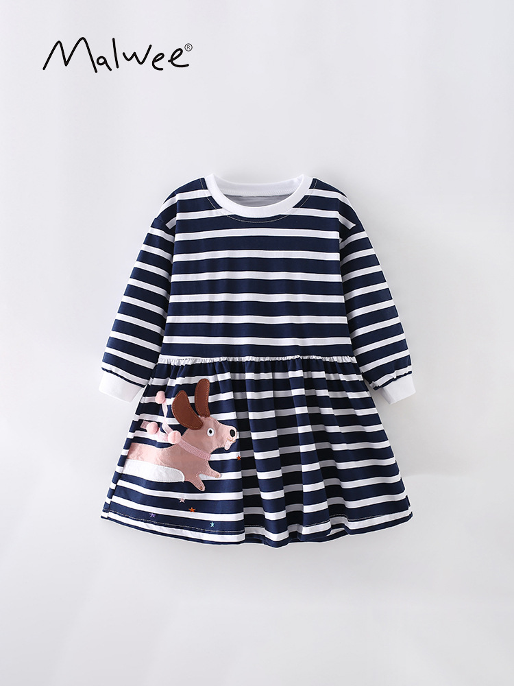 Falda de princesa a rayas para niñas malwee otoño e invierno nuevo estilo europeo y americano, niña pequeña y mediana, falda de cuello redondo para niños image 1