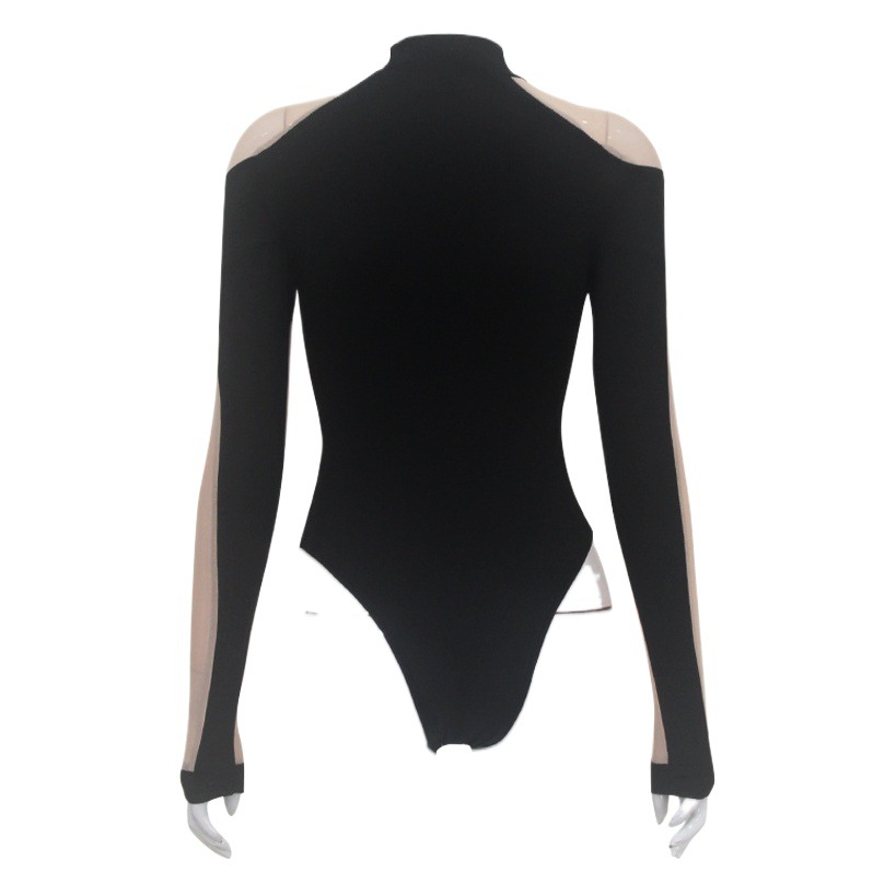 Ropa de mujer europea y americana estilo caliente manga larga malla ajustada costura transparente sexy mono estilo chica caliente delgado de una pieza superior