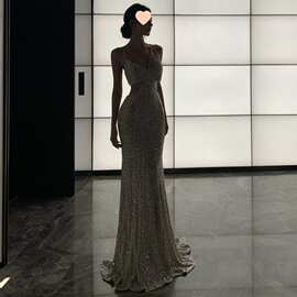 现货 星河人鱼姬爆闪亮片连衣裙设计感露腰party小礼服图片色机绣