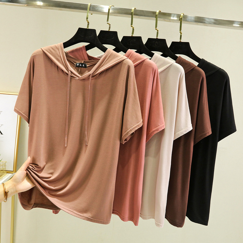 Modal Inner Wear Large Size Thin T-shirt Women's Summer Solid Color Hooded Short-sleeved Sweater Outer Wear Loose Knit Top