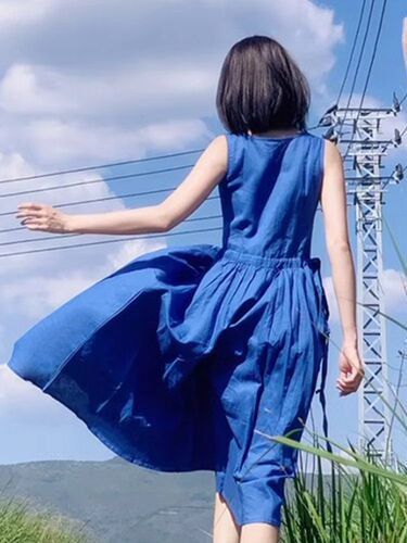 French little sleeveless blue dress, children's summer 2025 new seaside vacation beach vest and long dress