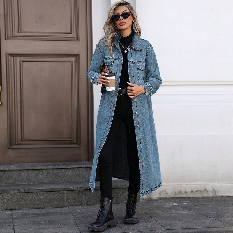 Elegant Long Denim Coat For Women, Mid Blue And Black Trench Style Jacket, Versatile Career Outerwear For Fall_ecoleips.com
