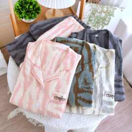 日系小清新睡衣2024新款春秋天情侣款长袖长裤家居服纯棉双层棉纱