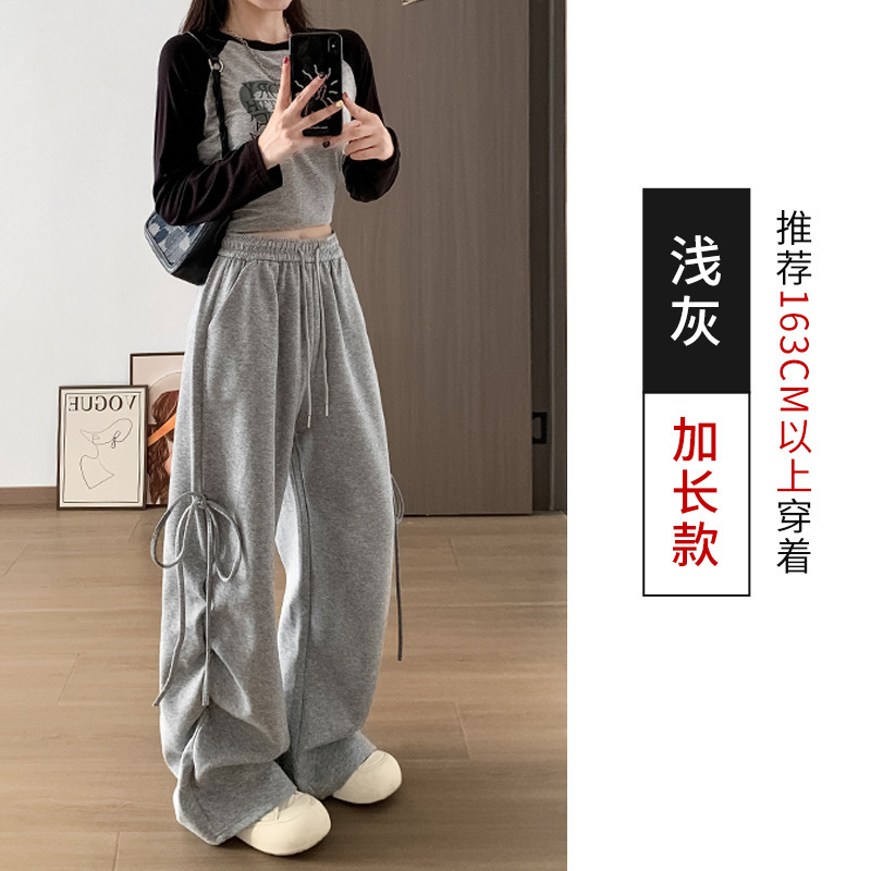 美式复古侧边抽皱蝴蝶结运动裤女春秋宽松显瘦直筒裤休闲阔腿卫裤|undefined
