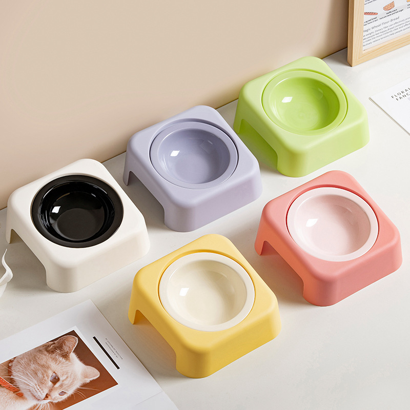 【Cross-Border Shipping Available】Ufo Ceramic Cat Bowl, Food Bowl, Macaron Cat Food Bowl Stand, Neck-Protecting Plastic Inclined Stand