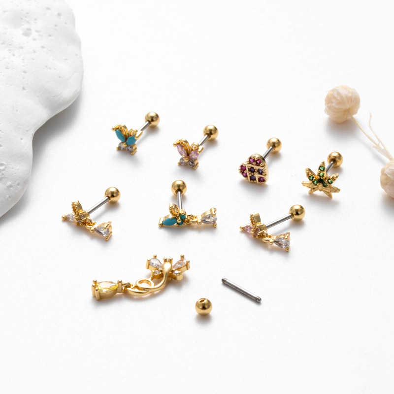 2PCS Henson's new 0.8 pole stainless steel double head screw earrings powder zirconium butterfly love fashion small fresh ear_voghion.com