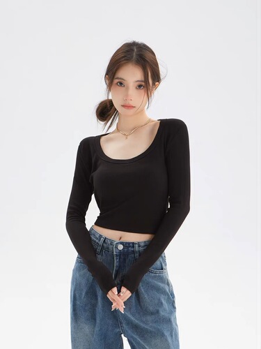 Women's Autumn Thin Fitted Elastic Ribbed Cotton U-Neck T-Shirt with Hong Kong Style, Versatile Short-Sleeve Long-Sleeve Top