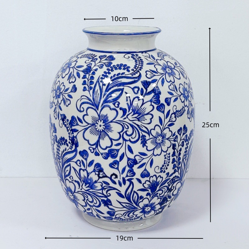 高級感のある新中式レトロな青花磁器、氷割れ模様の緑の花柄花瓶、フラワーアレンジメント、リビングルーム、玄関の装飾品