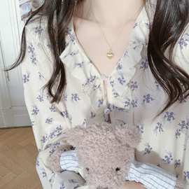 春夏新款ins风花朵边V领双层棉纱睡裙连衣裙家居服甜美可爱睡衣女