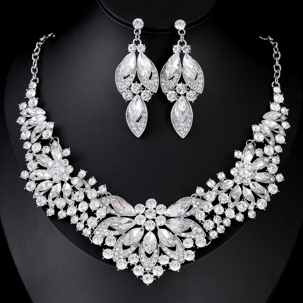 跨境欧美礼服饰品首饰套装 项链耳环两件套 彩色花朵新娘服装配饰