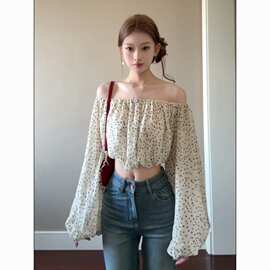 衣服女款夏季温柔印迹!!【满印波点】甜辣一字肩泡泡袖衬衫女新款