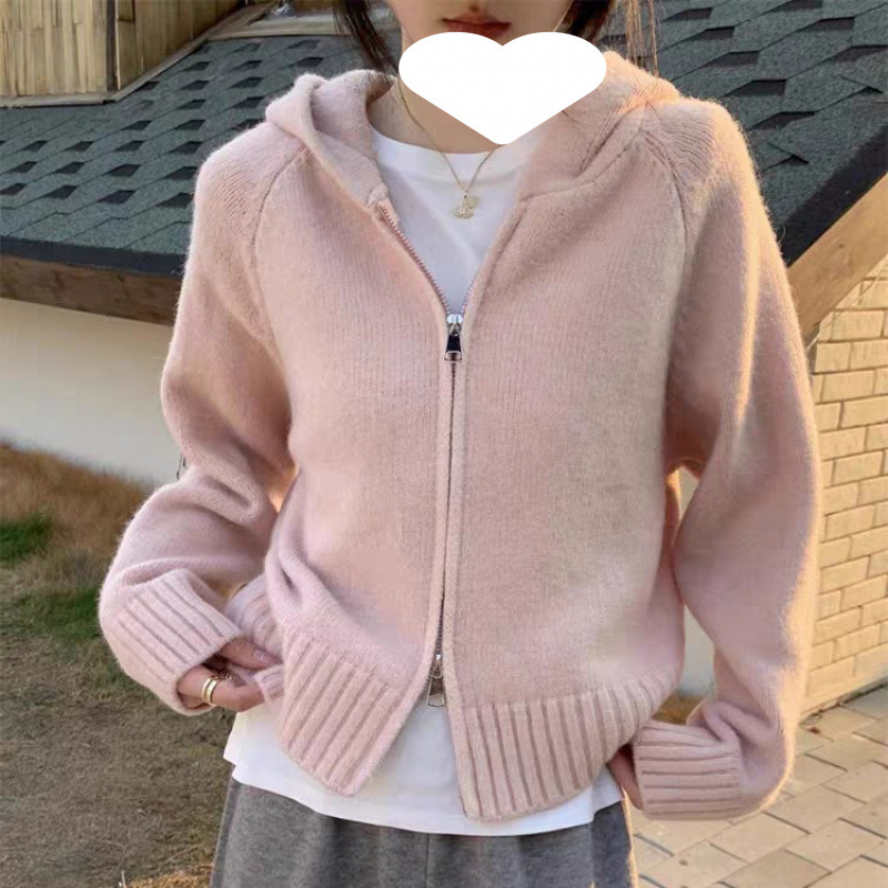 Coreana doble cremallera con capuz de punto Cardigan de mujer otoño invierno exterior diseño sensación perezosa suave abrigo de suéter de aire