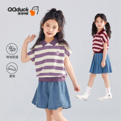QQduck ココアダック夏の新しい女の子のポロシャツ子供の半袖 tシャツラペルシャツカジュアルストライプトップ