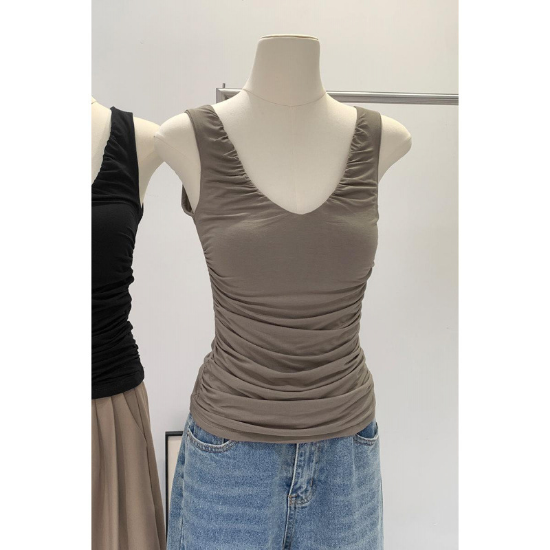 Factory Direct Sales High-End Unique Double-Sided V Neck Modal Pleated Sleeveless Vest for Women to Wear Outside in Summer Factory Direct Sales High-End Unique Double-Sided V Neck Modal Pleated Sleeveless Vest for Women to Wear Outside in Summer