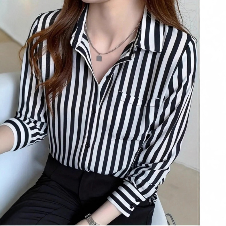 Cross-Border 2025 Autumn Women's Striped Long-Sleeve Pocket Loose Casual Office Shirt