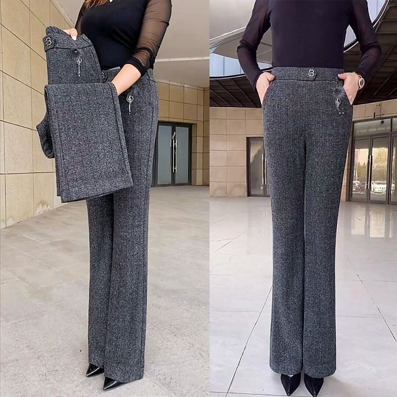 Autumn and Winter Thick Plush Flared Casual Pants for Women with Dark Stripes, High-Waisted, Height-Enhancing, Slimming, Warm Flared Long Pants for Moms