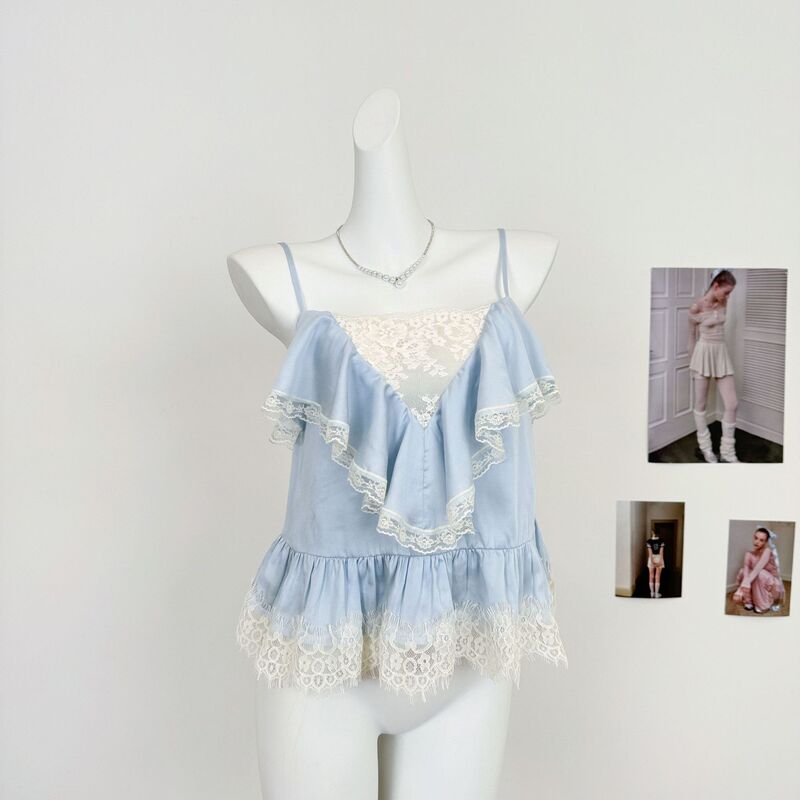 Sea at Dawn, First Love Feeling, Lyocell Satin Lace Trim Camisole for Women
