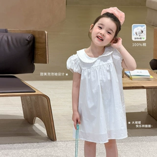 蔗梨童装女童连衣裙夏装泡泡袖儿童公主裙纯棉A类娃娃领宝宝裙子