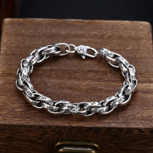 批发S925纯银手链男士粗款 六字真言泰银复古做旧潮流个性饰品