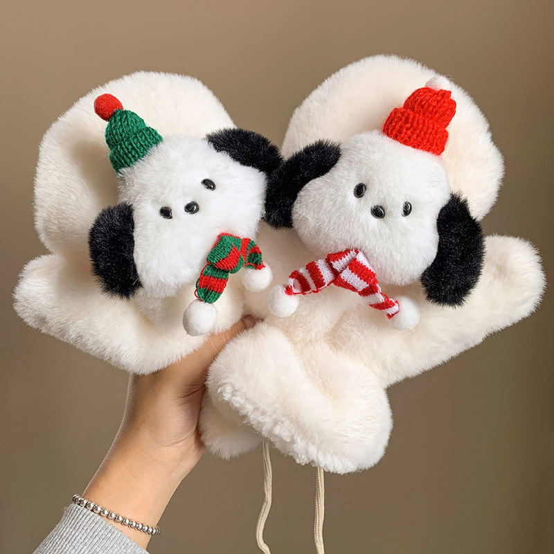 クリスマス風の子犬のぬいぐるみの手袋の女性の冬の保温は厚いです。|undefined