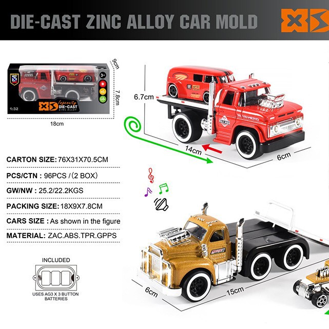 English 1:32 die-cast zinc alloy muscle trailer with trolley suit red/mustard yellow, body contains 3*1.5V