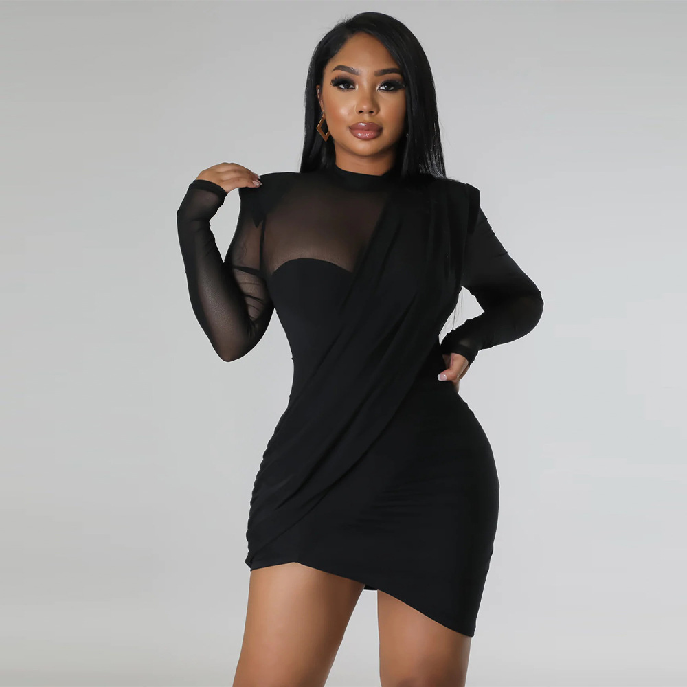 Women Mesh Stitching See-through Patch Waist Dress 14 Women Mesh Stitching See-through Patch Waist Dress