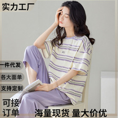 100% 純綿パジャマ女性夏の新型半袖七分ズボンセットカジュアルファッションゆるい家庭服は着ることができる