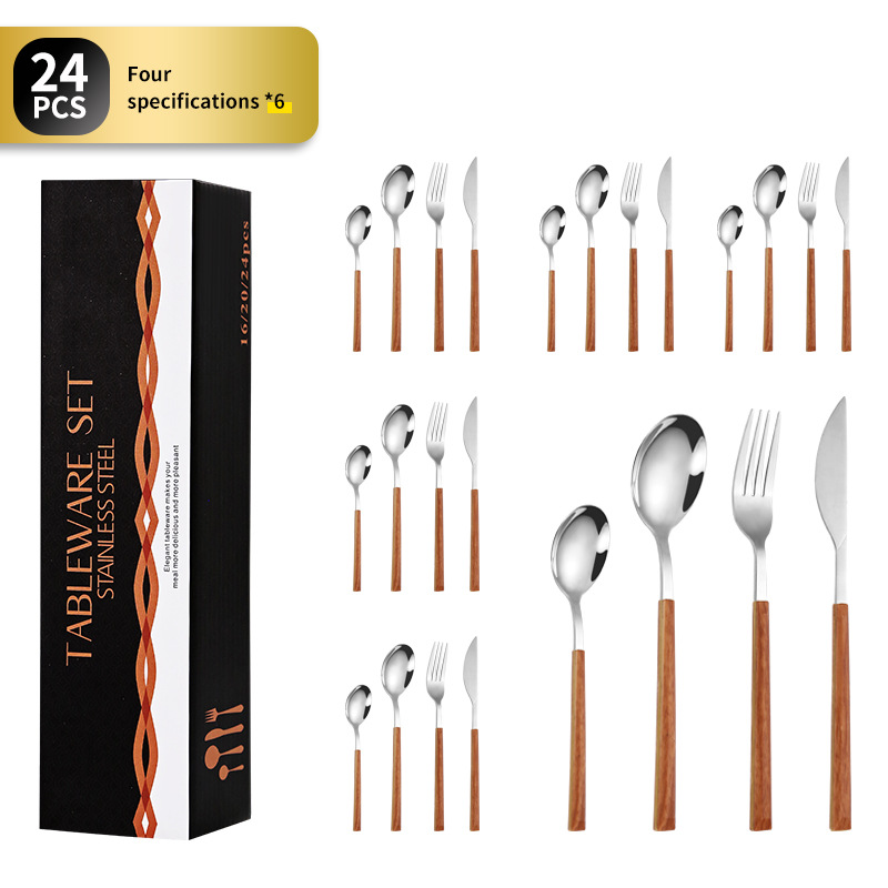 Amazon imitación de acero inoxidable mango de madera vajilla cuchillo de carne nórdica tenedor cuchara de postre creativo chapado en oro mango de clip cuchara de grano de madera