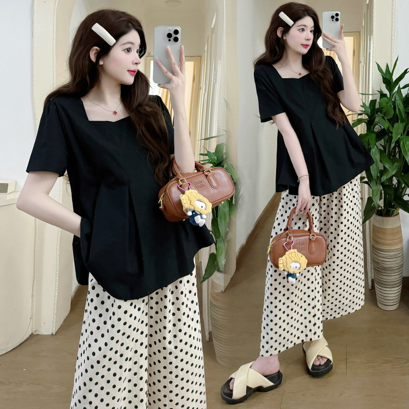 Maternity's Elegant Square Collar Thin Slimming Doll Top Casual Wave Point Abdominal Pants Two-piece Set for External Wear During Pregnancy