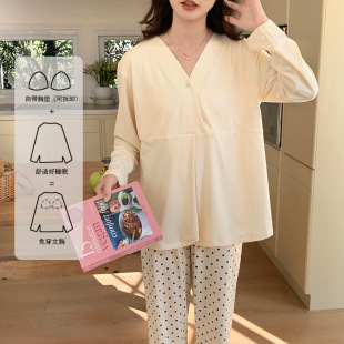 Spring 25 New Imitation Cotton Confinement Clothes with Breast Pads, Removable Maternity Pajamas, Postpartum Breastfeeding and Breastfeeding Home Clothes