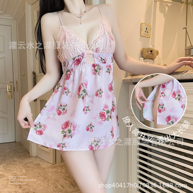 New Sexy Lingerie, Passionate and Hot Side Slits, Sweet Temptation, Floral Chiffon Nightgown Suit, Outdoor No-Take-Off Skirt