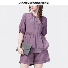 可两件套2025夏季缎面提花套装雪纺衫上衣衬衫遮肉宽松短裤装