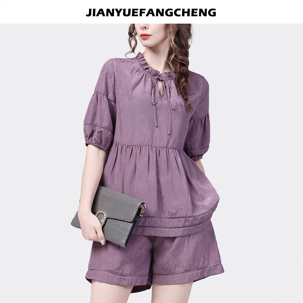 可两件套2025夏季缎面提花套装雪纺衫上衣衬衫遮肉宽松短裤装