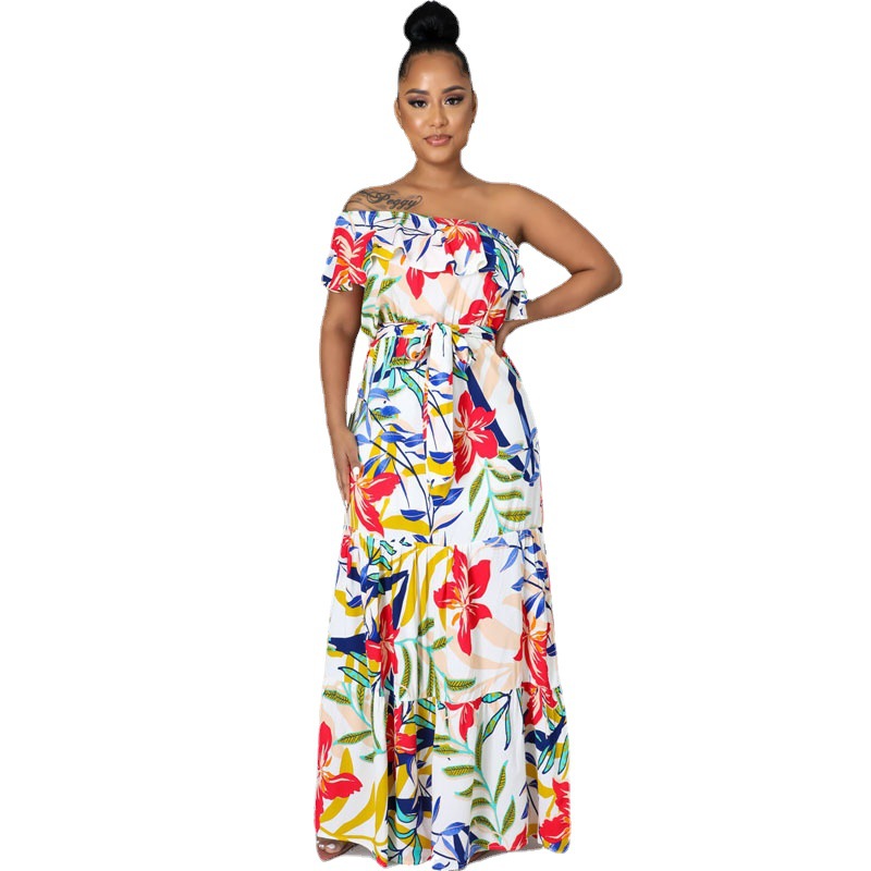 Vestido de primavera chiffon impreso hombro de un lado temperamento floral viajero Chanel estilo más tamaño swing grande ropa de mujer