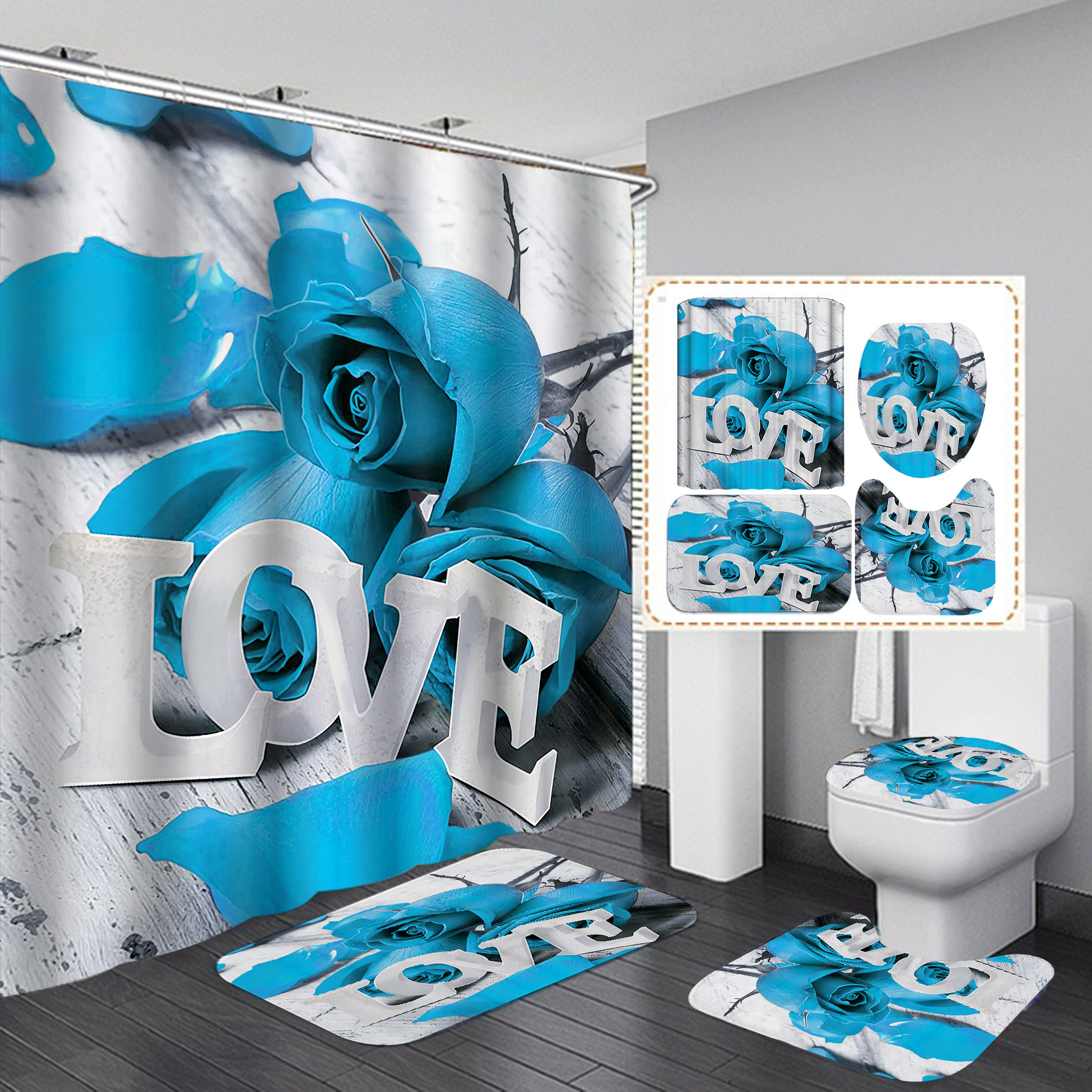 Cortina de baño impermeable y seca rápida, almohadilla de inodoro, baño transfronterizo, conjunto de cuatro piezas, cortina de aislamiento de baño antideslizante impresa en rosa image 37