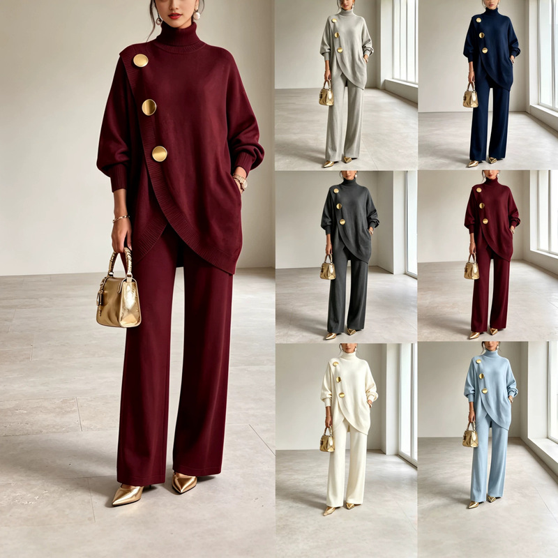 2026 Autumn/Winter European and American Style Knitted Women's Clothing, Elegant Commuter High-Neck Irregular Gold Button Loose Wide-Leg Pants Two-Piece Set