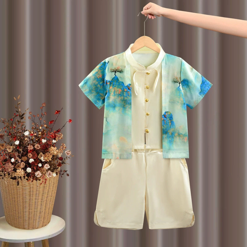Детский костюм Тан в китайском стиле с короткими рукавами Hanfu, комплект для выступлений в детском саду для мальчиков в древнем стиле.