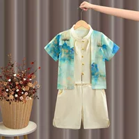 Детский костюм Тан в китайском стиле с короткими рукавами Hanfu, комплект для выступлений в детском саду для мальчиков в древнем стиле.