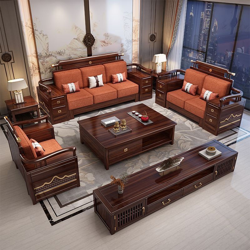 New Chinese-style solid wood sofa set, suitable for both small and large apartments, modern and minimalist design, for home use, featuring ebony wood, a complete set of furniture for a villa living room